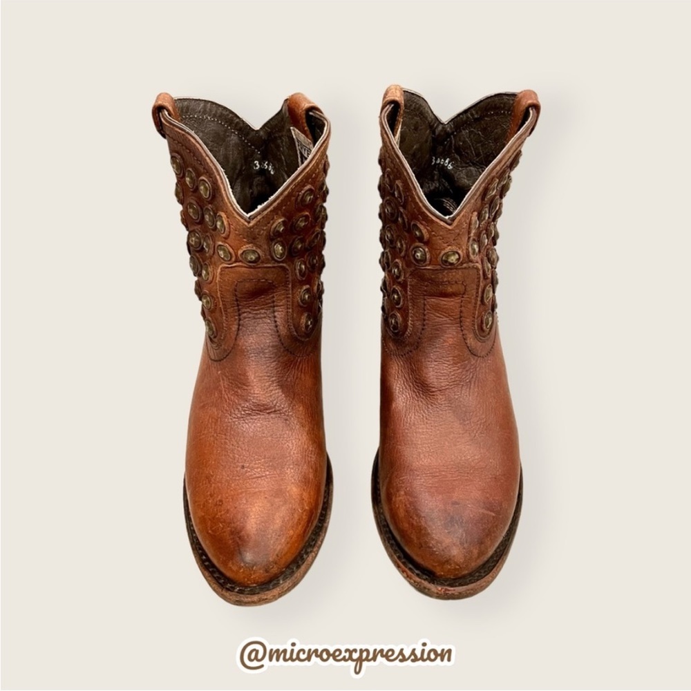 Frye Wyatt Disc Leather Brown Cowboy Metal Moto Vintage Distressed Ankle Boot - Picture 4 of 9